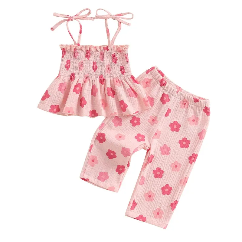 Girls Floral Print Sleeveless Top and Pants Set Tie-up Pleated Camisole with Trousers Summer Outfit for Kids
