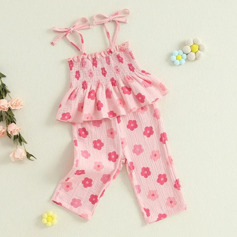 Girls Floral Print Sleeveless Top and Pants Set Tie-up Pleated Camisole with Trousers Summer Outfit for Kids