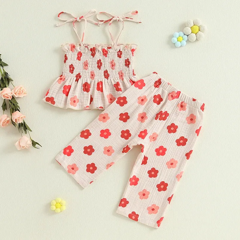 Girls Floral Print Sleeveless Top and Pants Set Tie-up Pleated Camisole with Trousers Summer Outfit for Kids