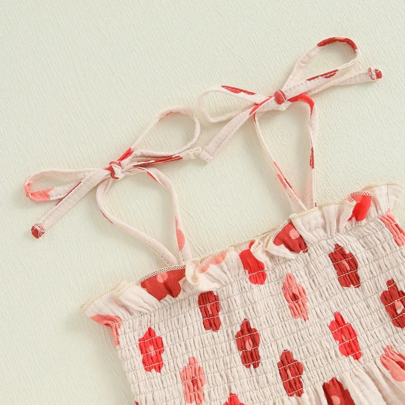 Girls Floral Print Sleeveless Top and Pants Set Tie-up Pleated Camisole with Trousers Summer Outfit for Kids