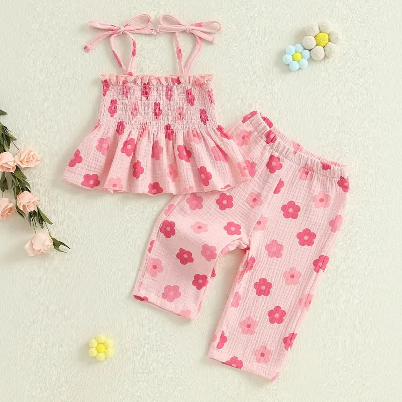 Girls Floral Print Sleeveless Top and Pants Set Tie-up Pleated Camisole with Trousers Summer Outfit for Kids