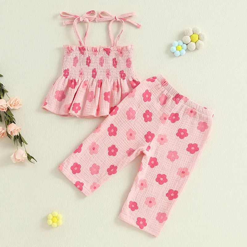 Girls Floral Print Sleeveless Top and Pants Set Tie-up Pleated Camisole with Trousers Summer Outfit for Kids