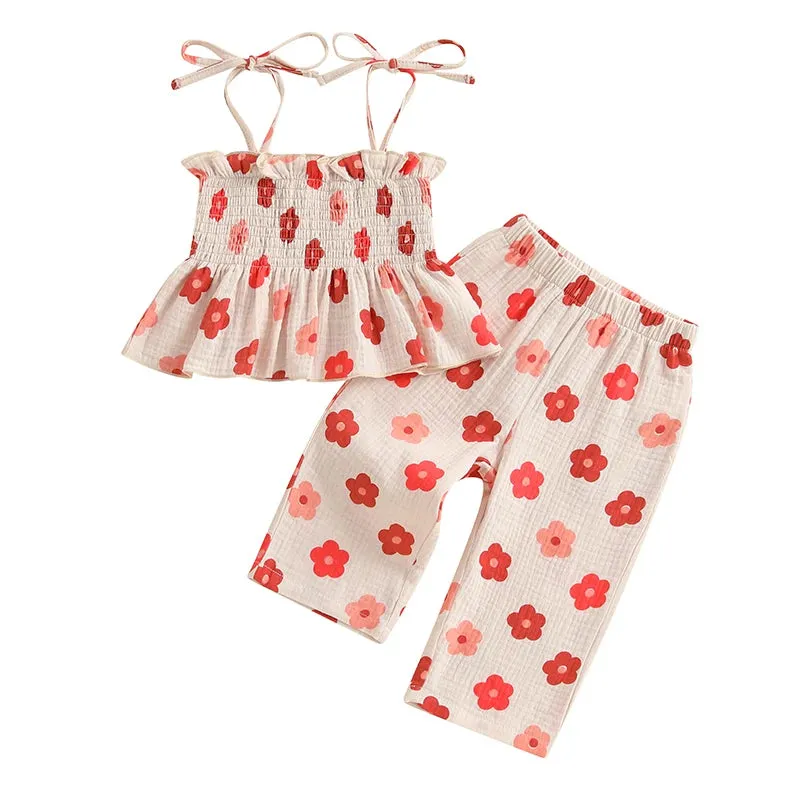 Girls Floral Print Sleeveless Top and Pants Set Tie-up Pleated Camisole with Trousers Summer Outfit for Kids