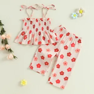Girls Floral Print Sleeveless Top and Pants Set Tie-up Pleated Camisole with Trousers Summer Outfit for Kids