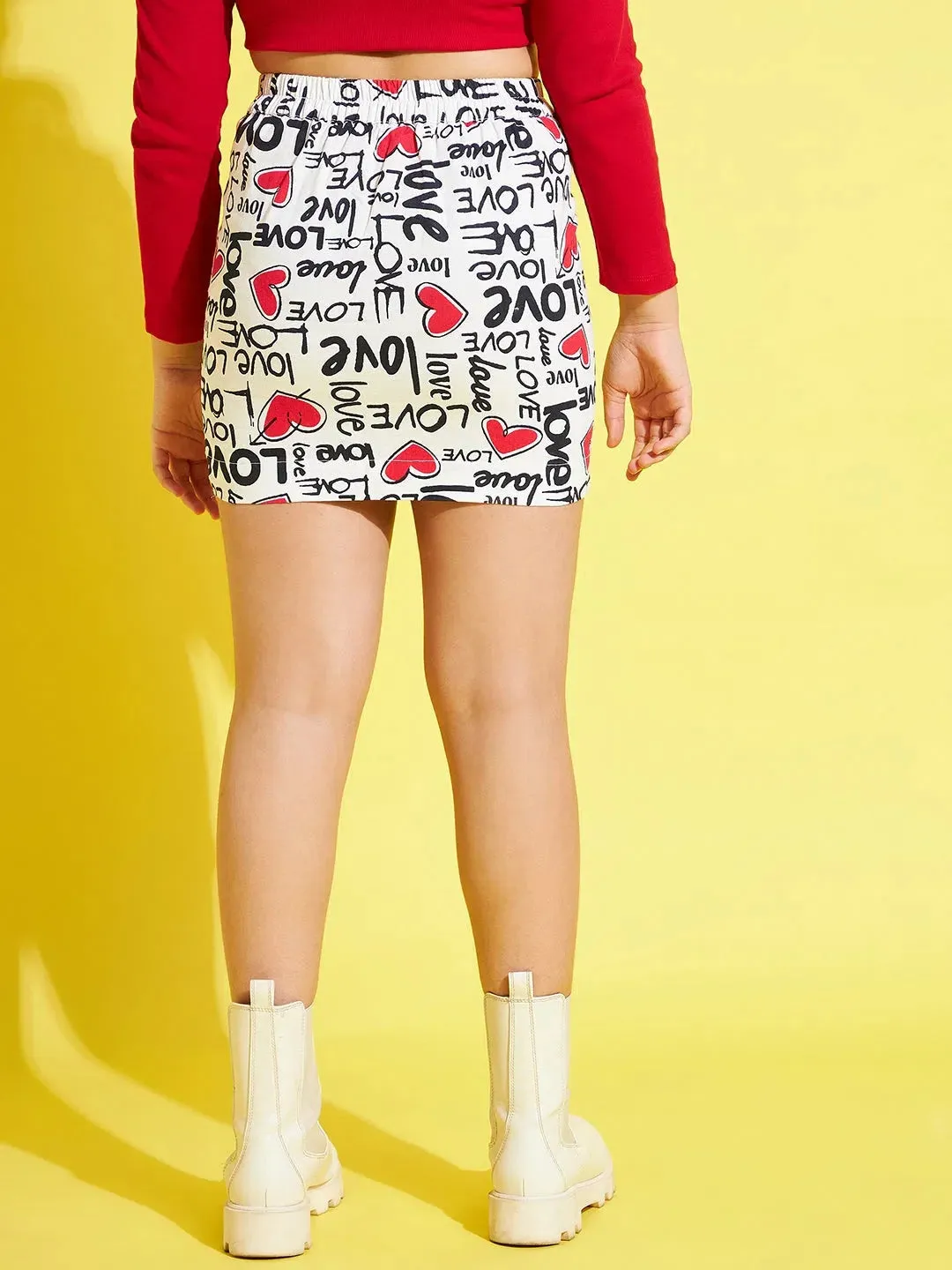 Girls White LOVE Text Print Twill Mini Skirt