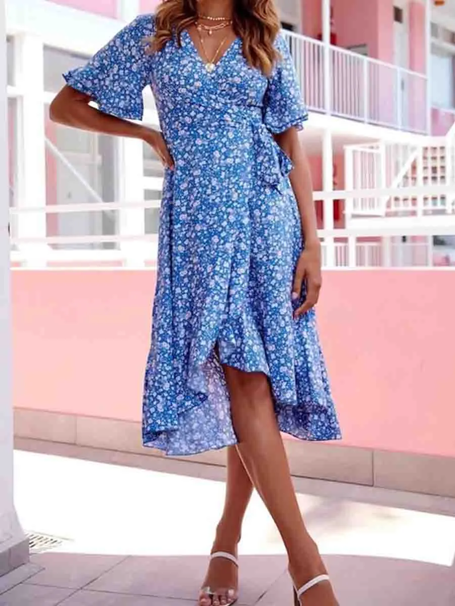 Girly V-neck Ruffle Sleeve Floral Midi Dress