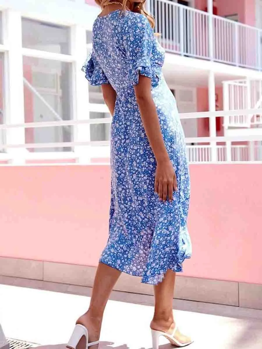 Girly V-neck Ruffle Sleeve Floral Midi Dress