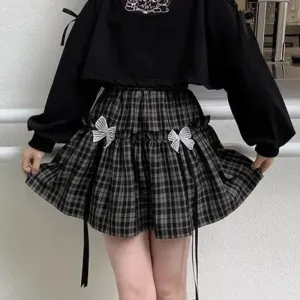 Gothic Plaid Bow High Waist A-line Mini Skirt