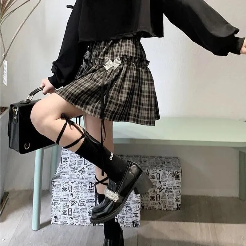 Gothic Plaid Bow High Waist A-line Mini Skirt
