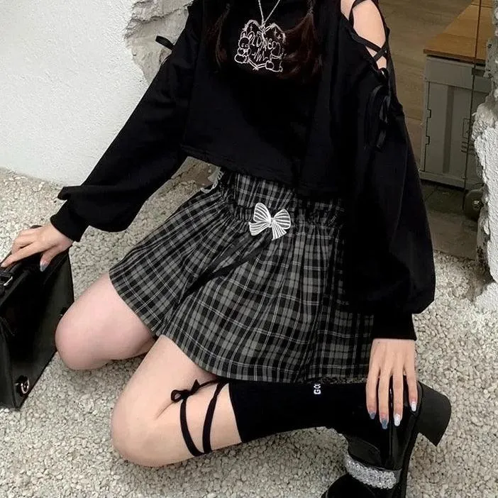 Gothic Plaid Bow High Waist A-line Mini Skirt