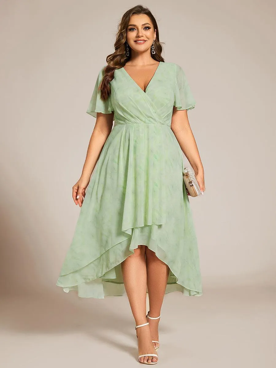 Grande Taille Robe Dinvit De Mariage Mi-Longue Plisse En Mousseline De Soie Manches Courtes Et Col En V De