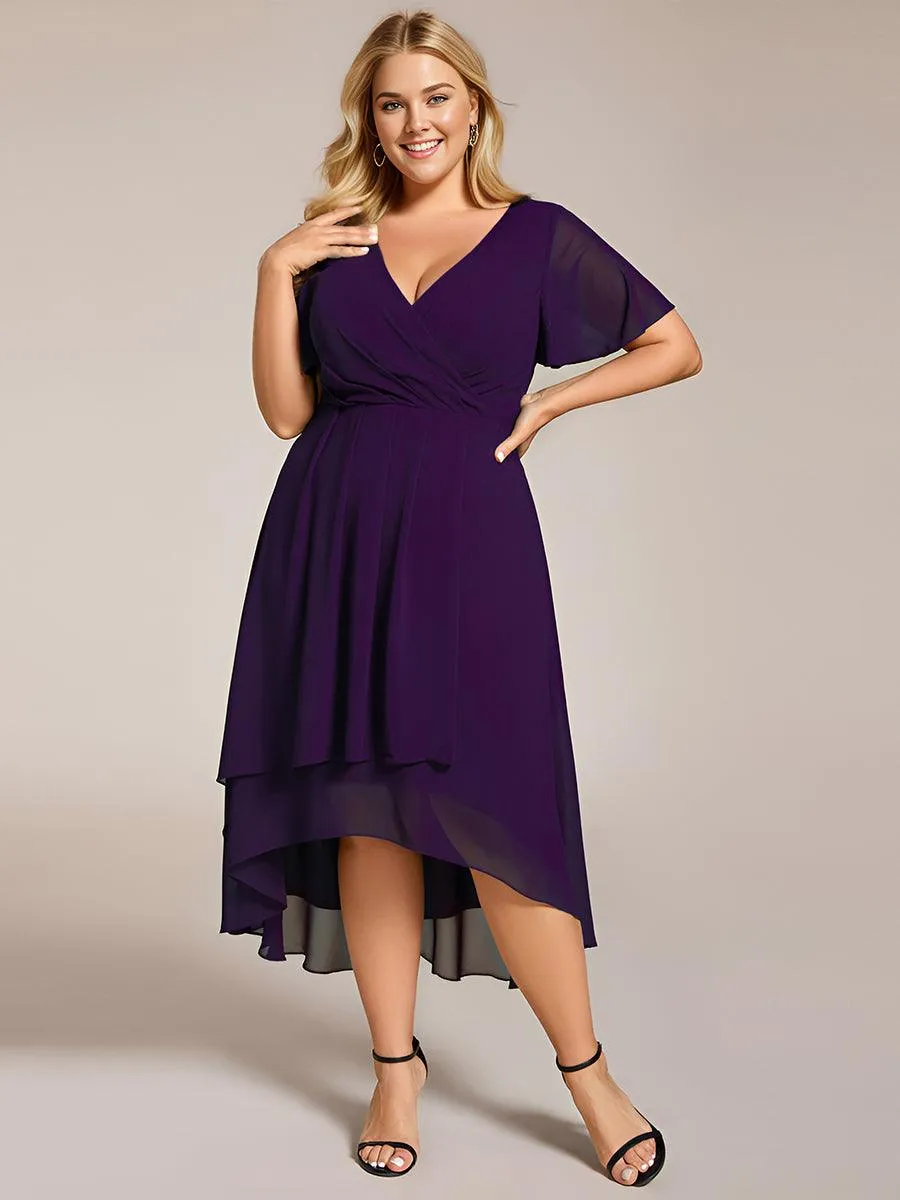 Grande Taille Robe Dinvit De Mariage Mi-Longue Plisse En Mousseline De Soie Manches Courtes Et Col En V De