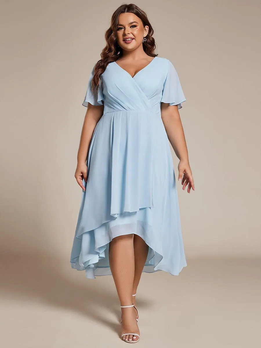 Grande Taille Robe Dinvit De Mariage Mi-Longue Plisse En Mousseline De Soie Manches Courtes Et Col En V De