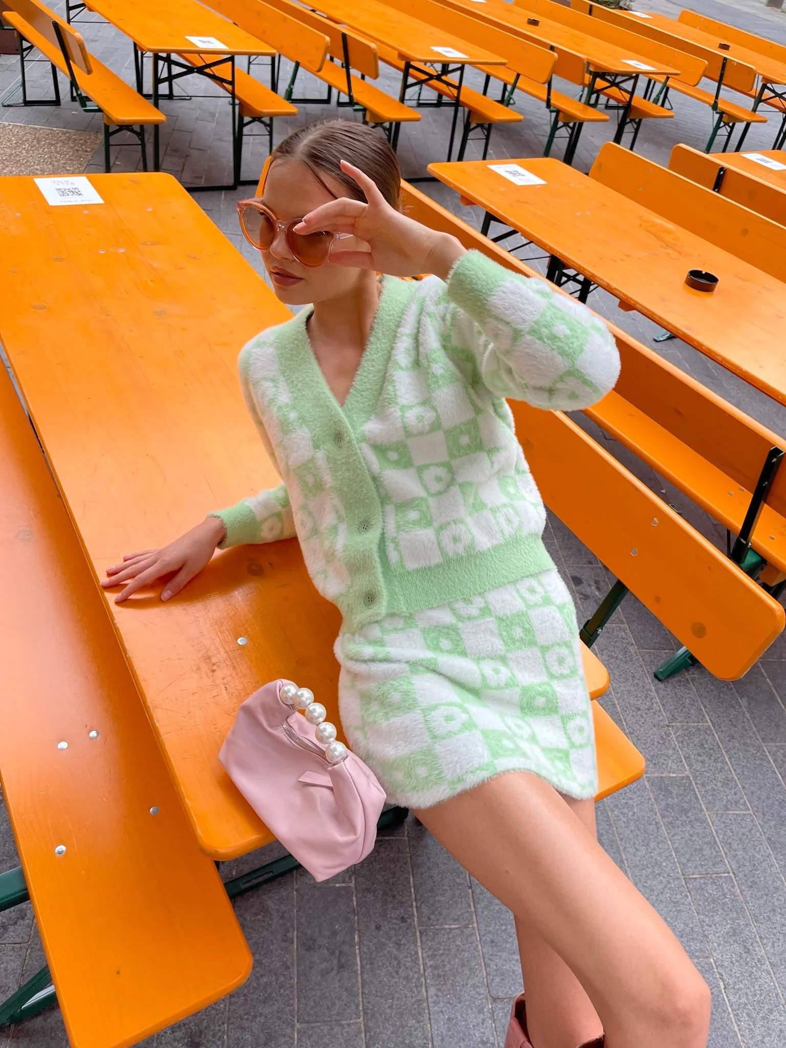 Green Flower Check Knitted Mini-Skirt