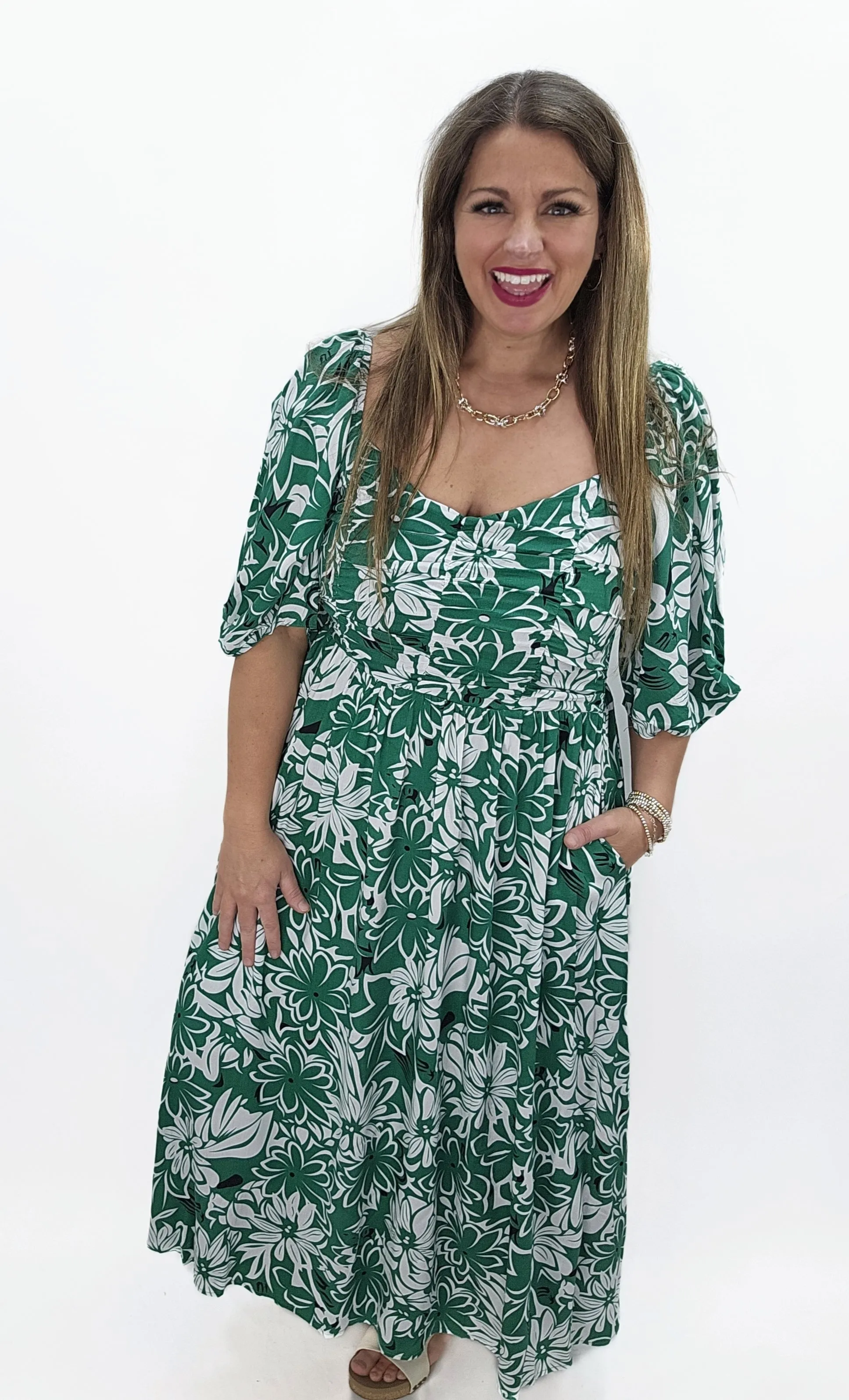 GREEN/WHITE FLORAL LONG DRESS