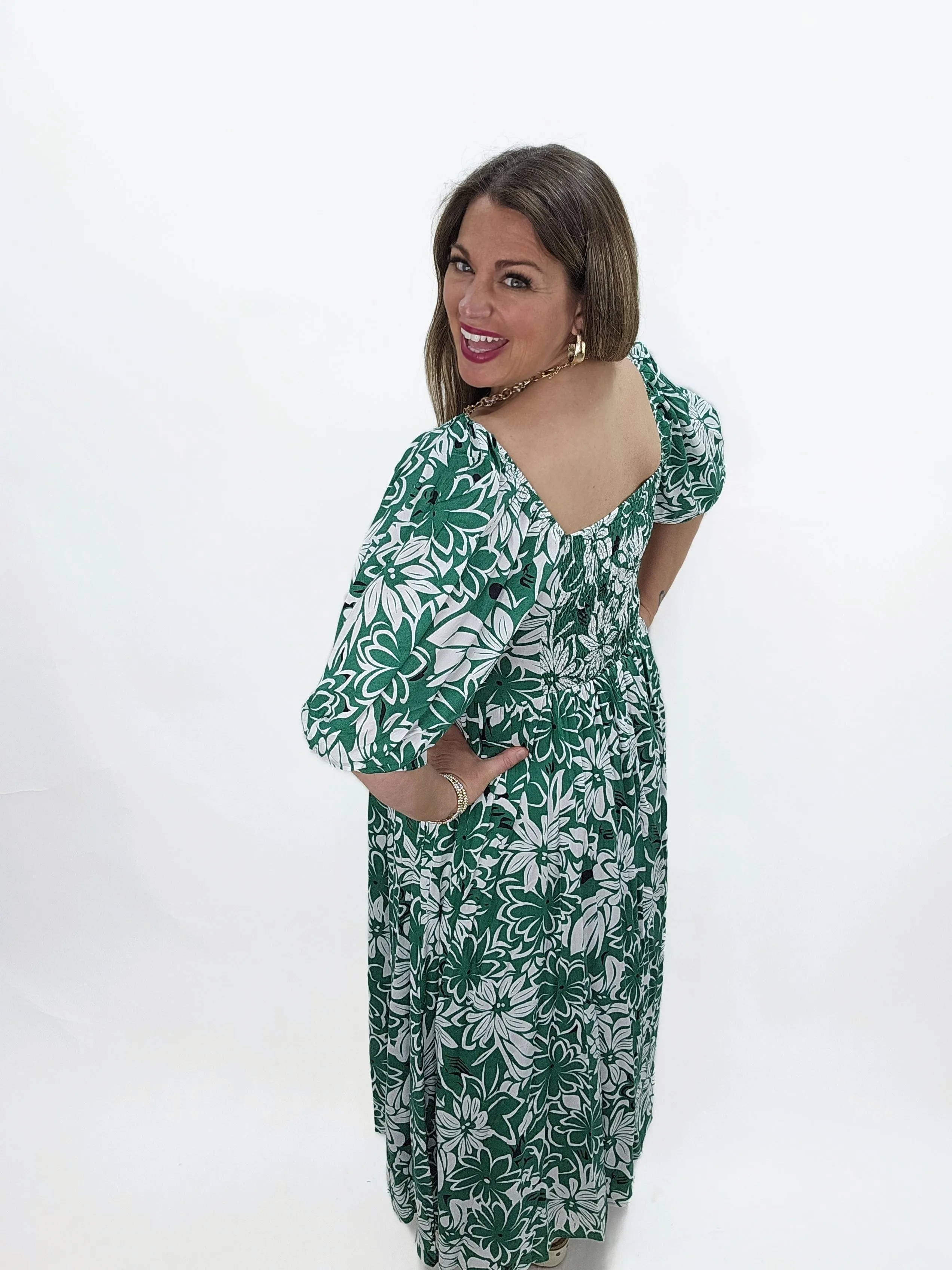 GREEN/WHITE FLORAL LONG DRESS
