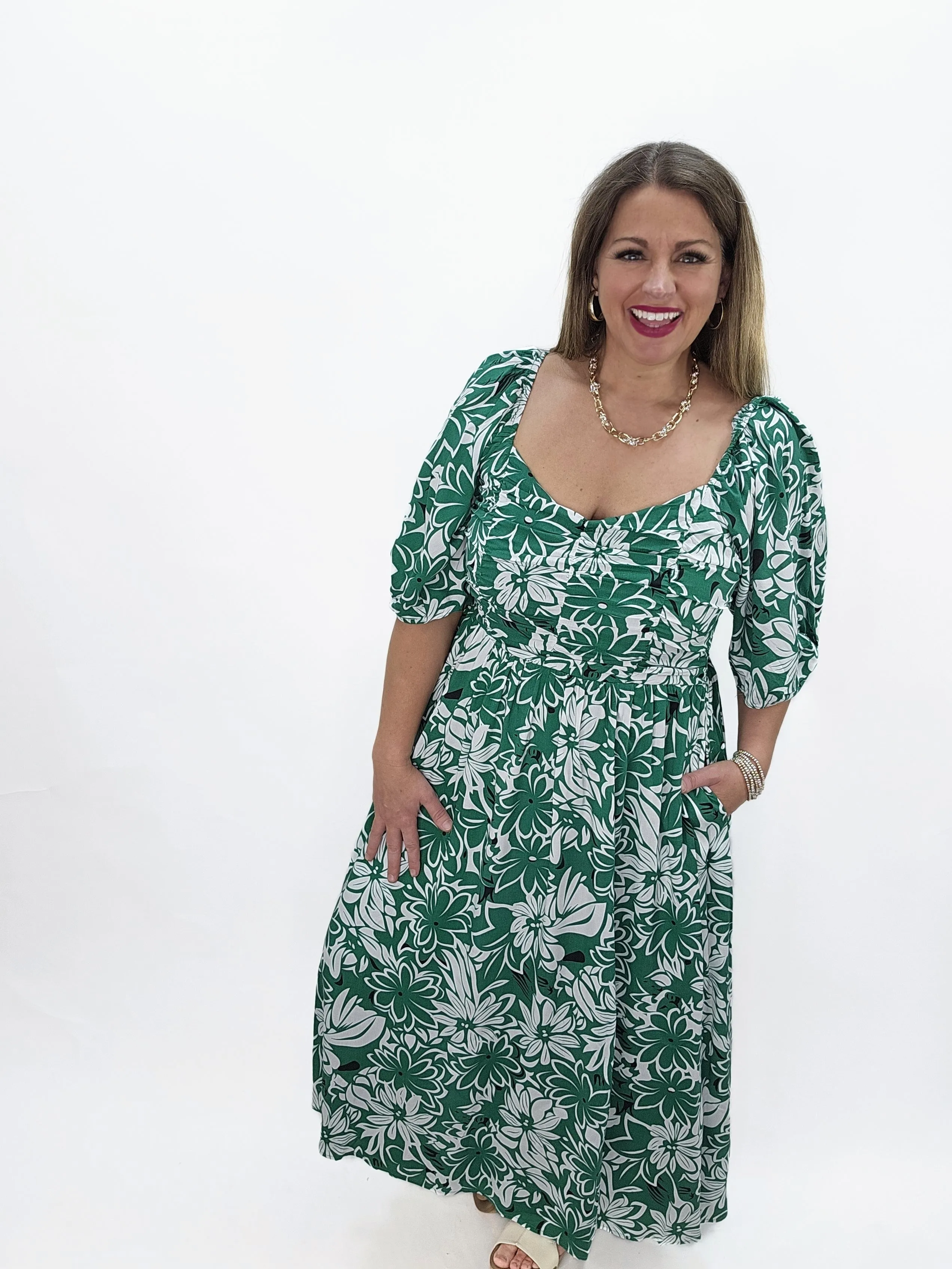 GREEN/WHITE FLORAL LONG DRESS