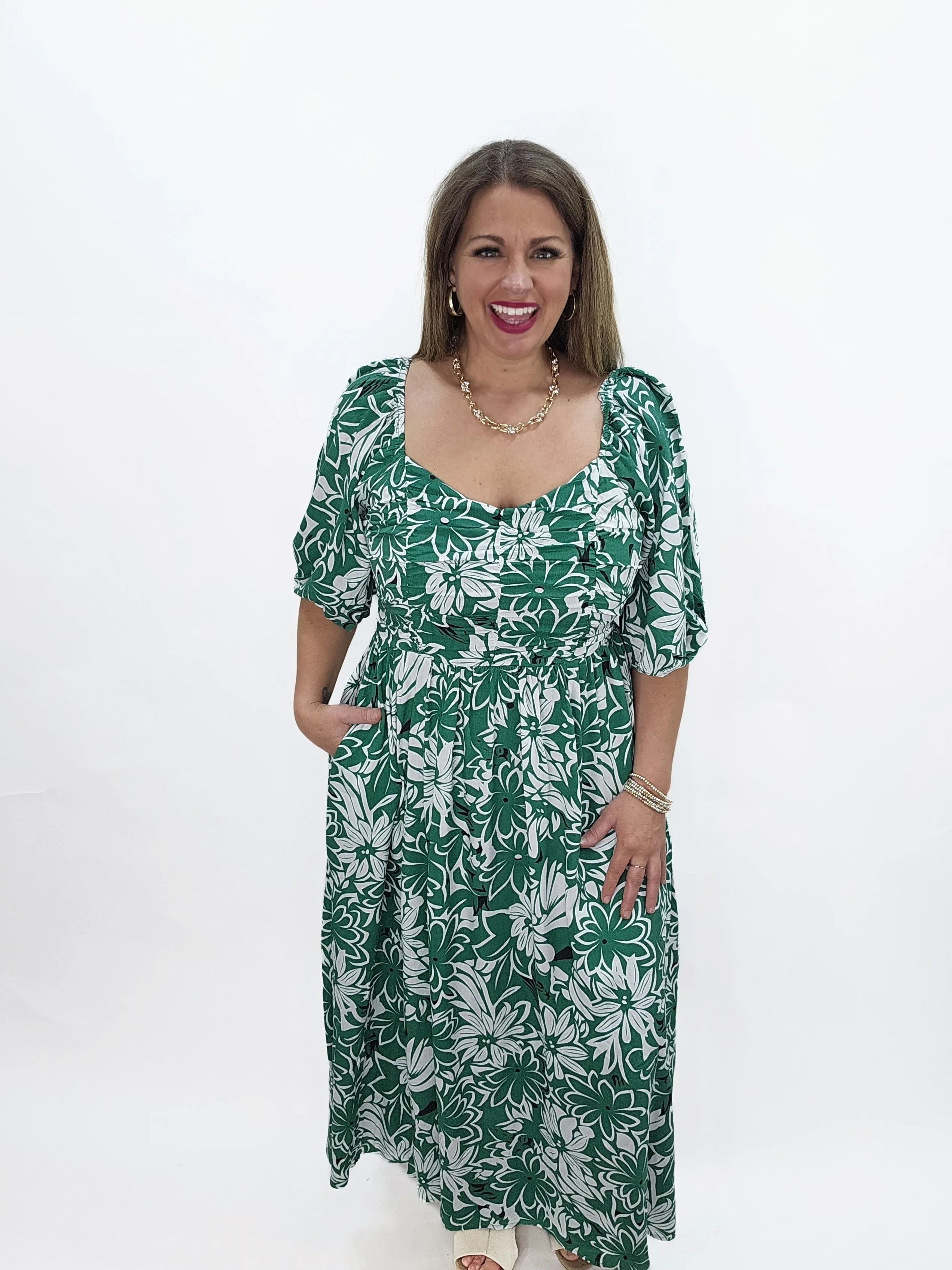 GREEN/WHITE FLORAL LONG DRESS