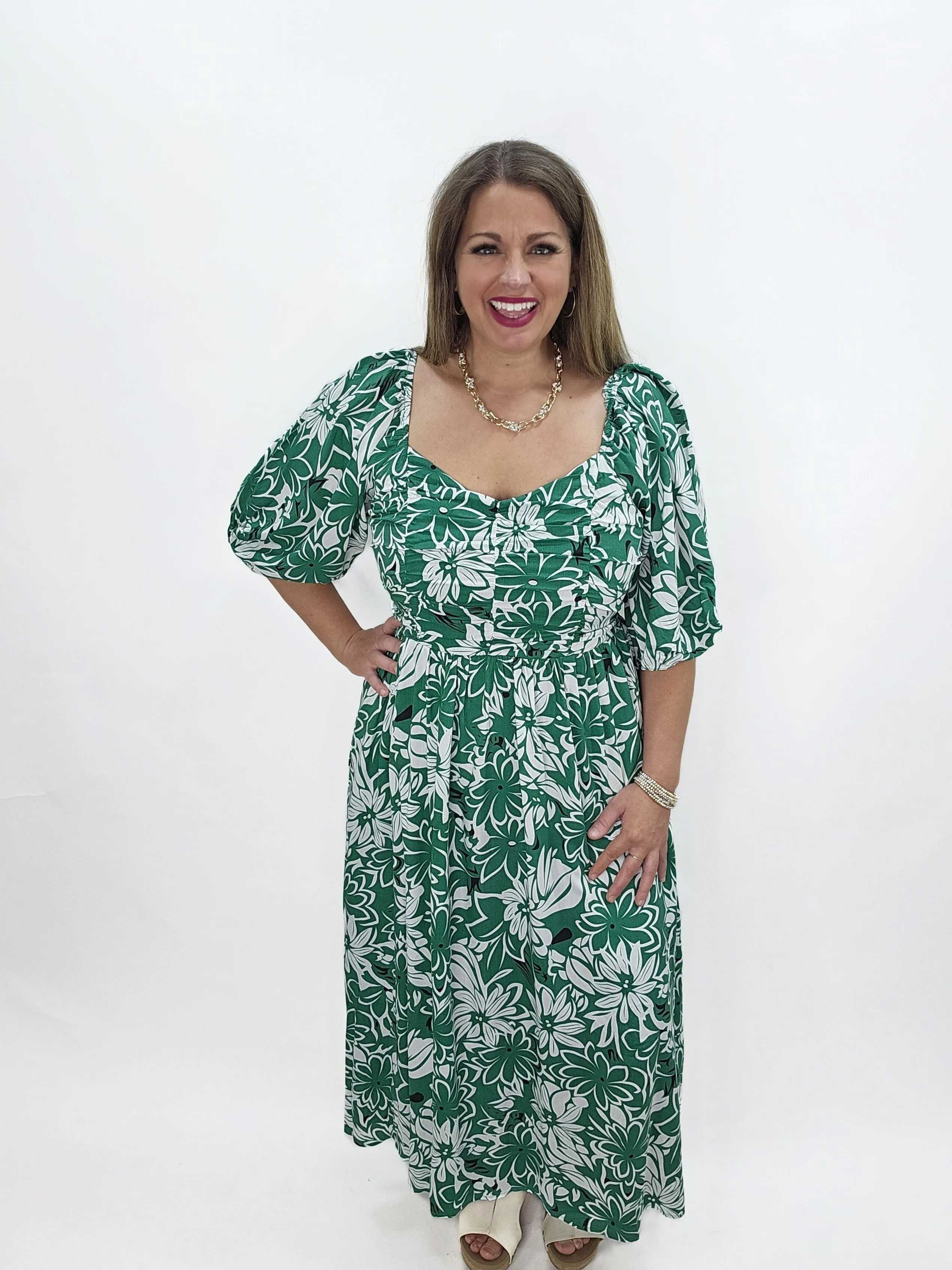 GREEN/WHITE FLORAL LONG DRESS