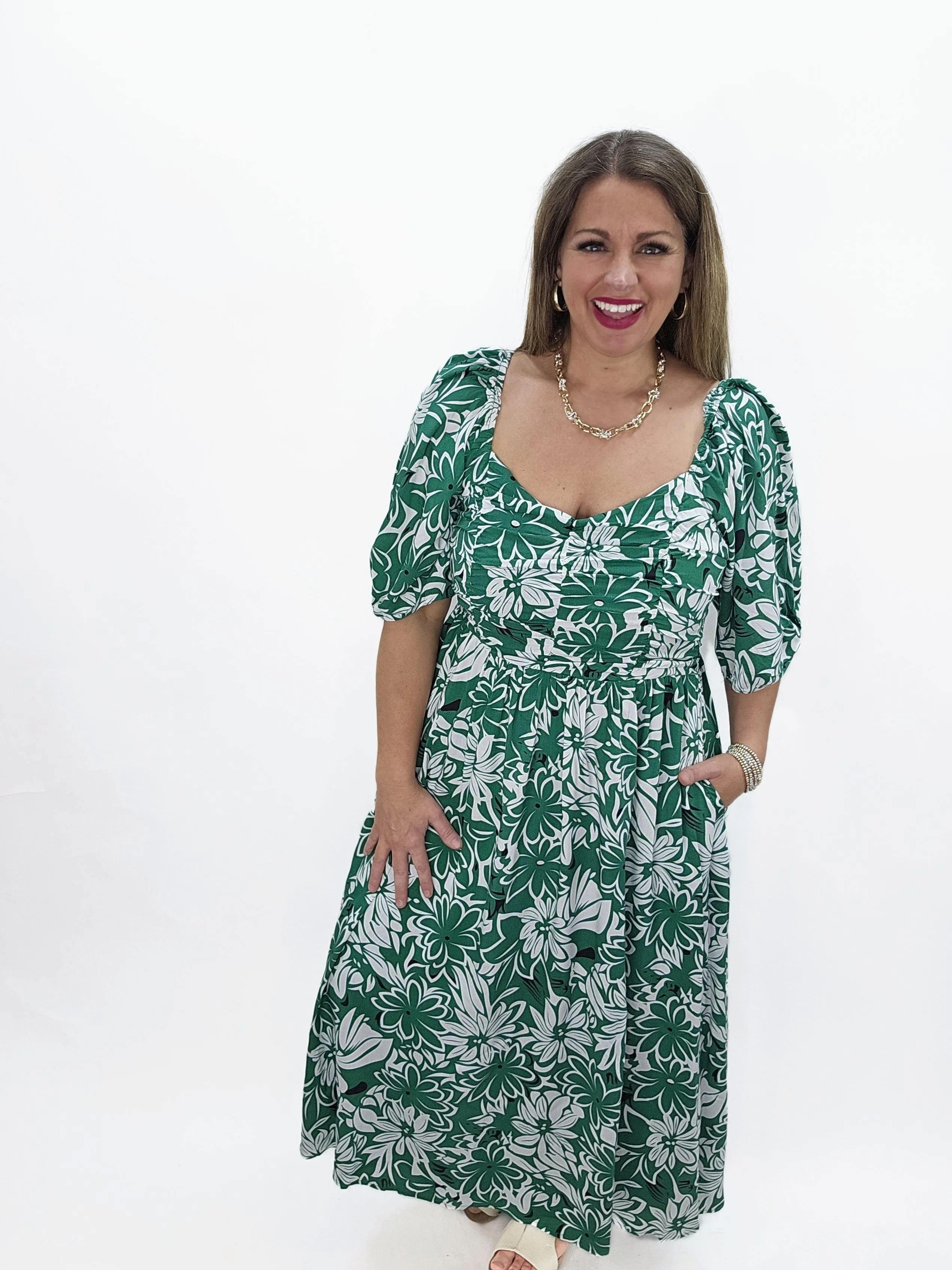 GREEN/WHITE FLORAL LONG DRESS