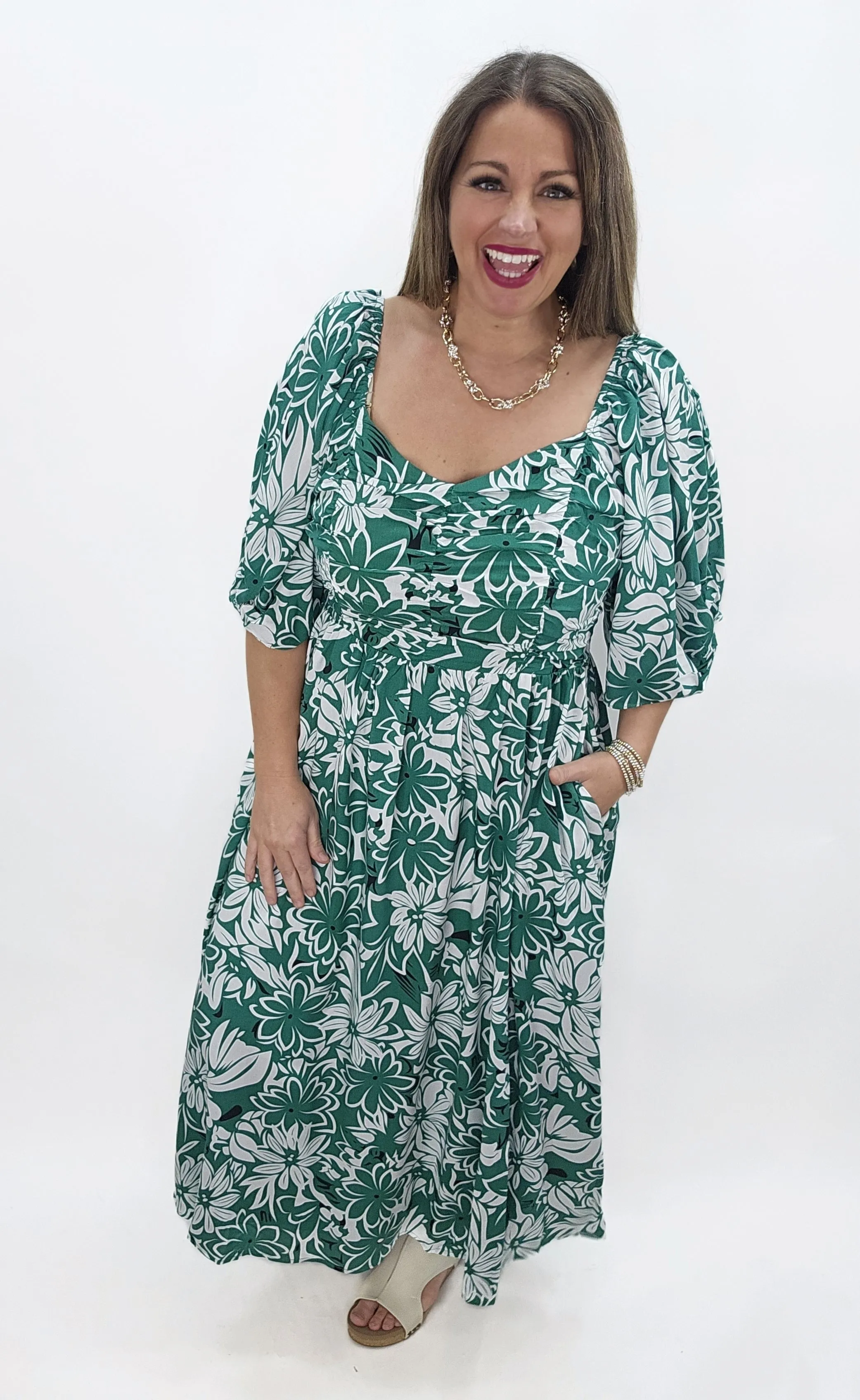 GREEN/WHITE FLORAL LONG DRESS
