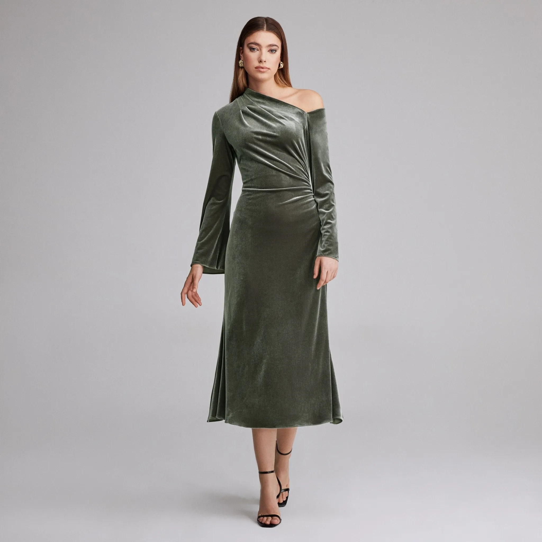 Grey Bare Shoulder Velvet Midi Dress