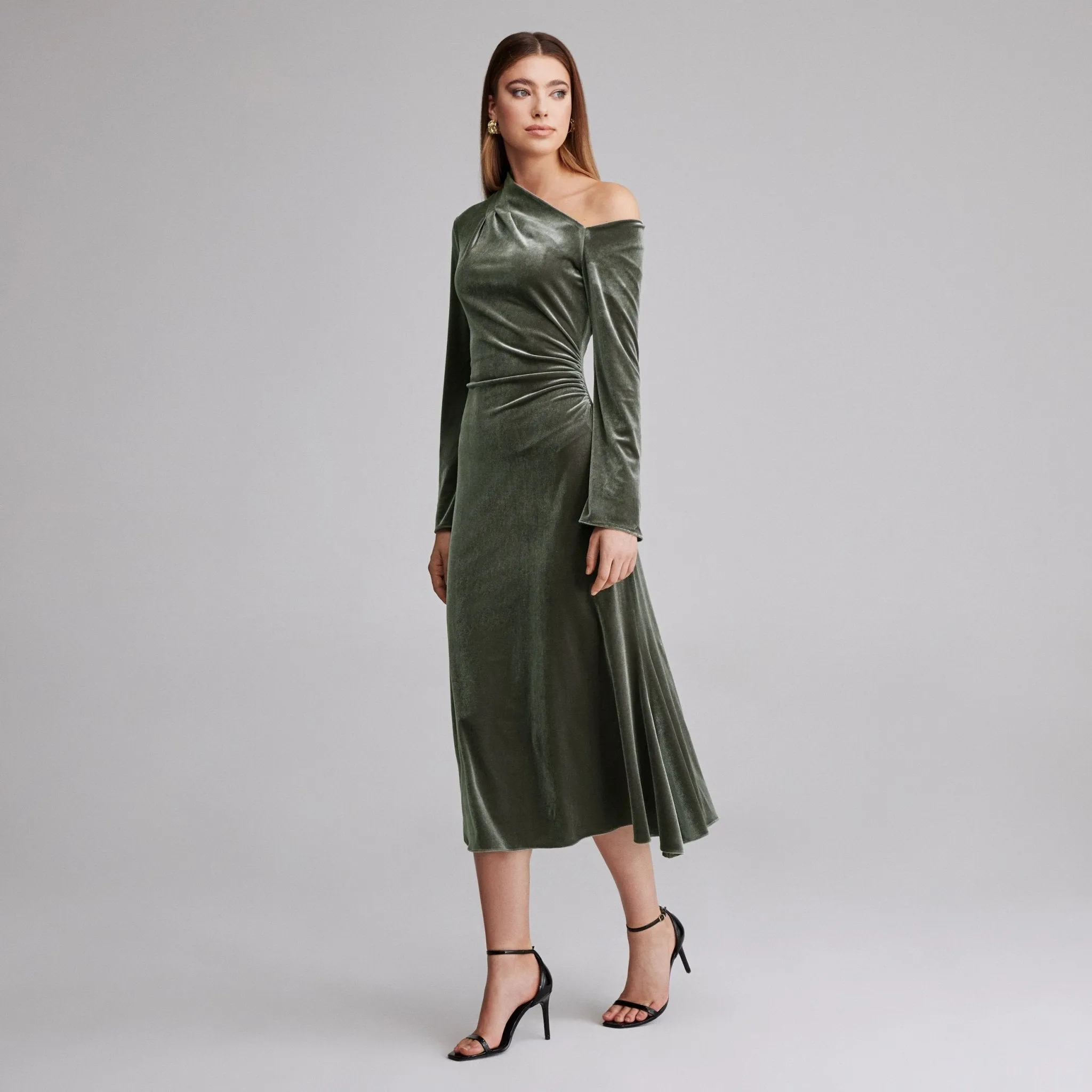 Grey Bare Shoulder Velvet Midi Dress