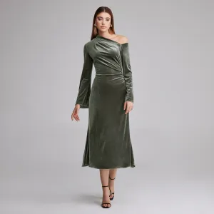 Grey Bare Shoulder Velvet Midi Dress