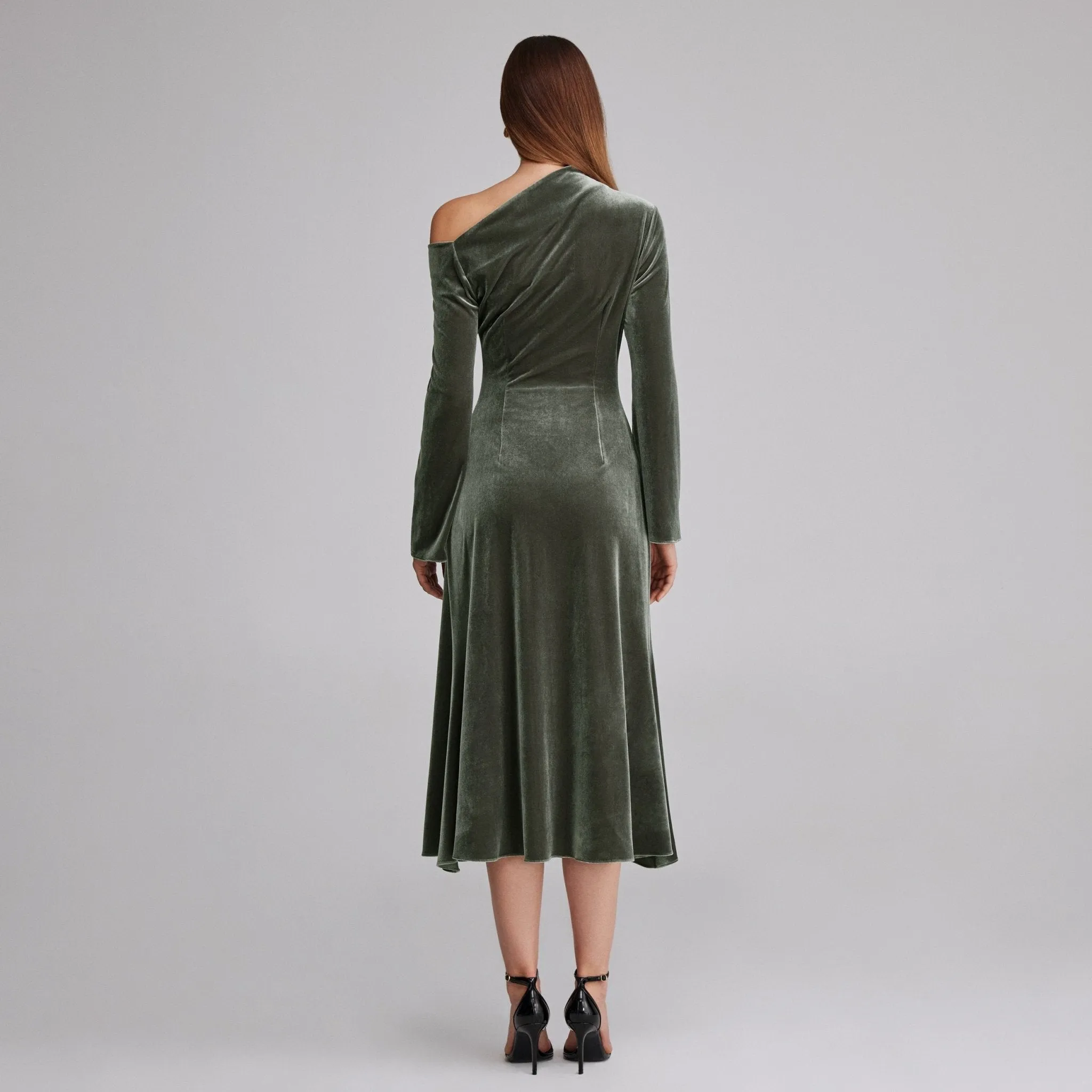 Grey Bare Shoulder Velvet Midi Dress