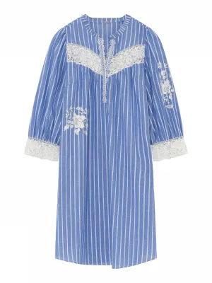 Gustav Costa Blue/White Striped Cotton Dress With Lace Details