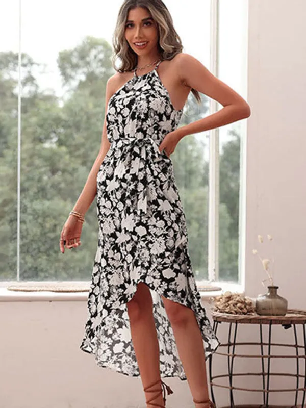 Halter Neck Floral Print Midi Dress with High-Low Hem