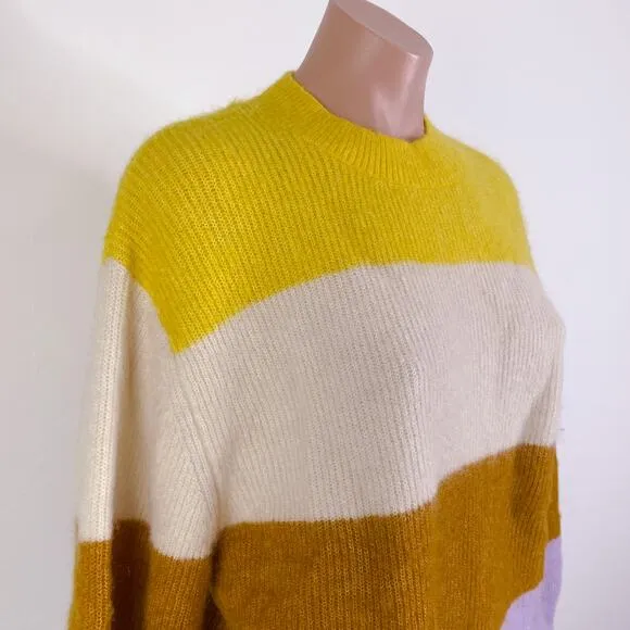 H&amp;M Knitted Mohair Wool Blend Long Sleeve Stripe Pullover Sweater Yellow size XS