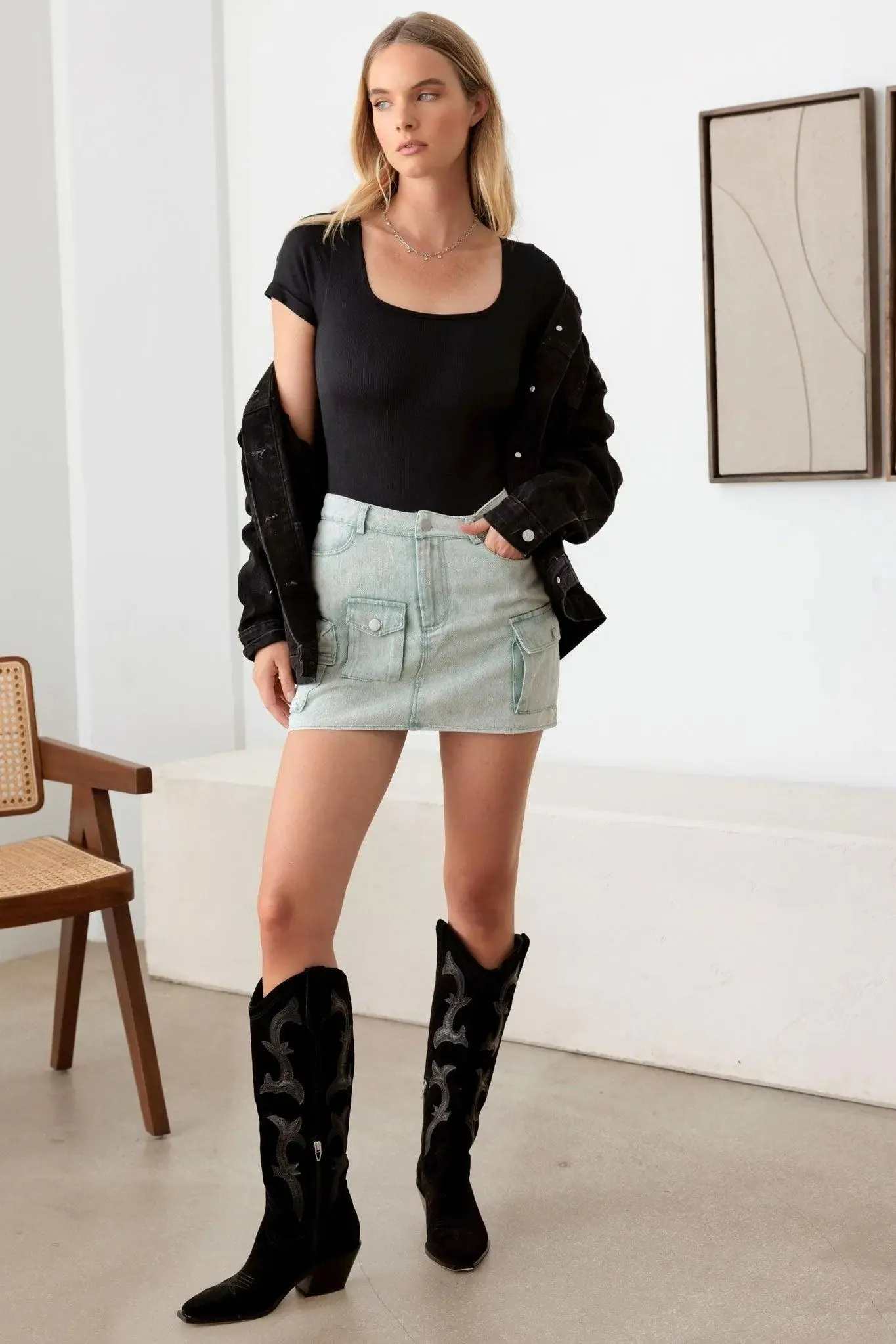 High Waist Cargo Denim Mini Skirts