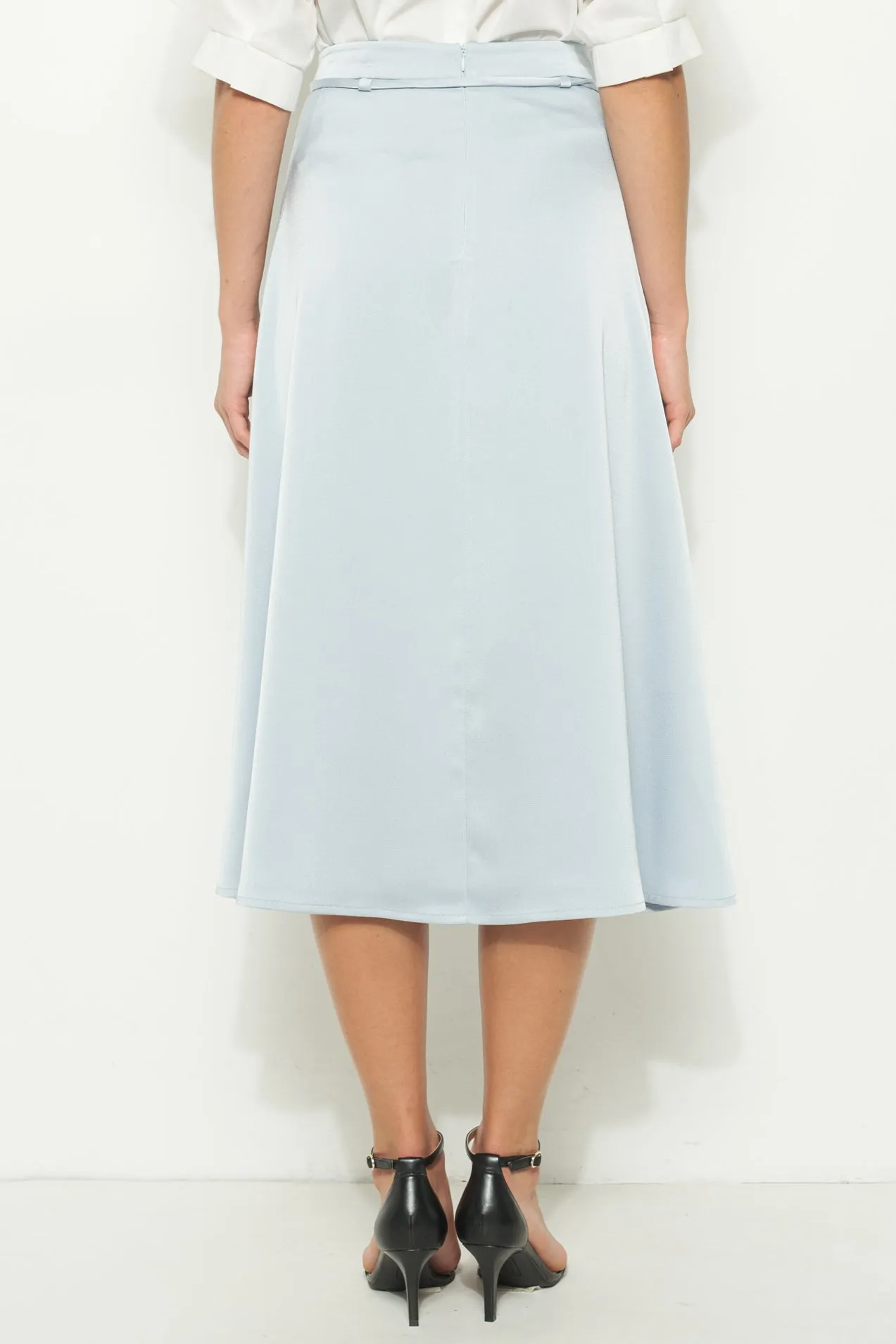 High Waist Satin Waist tie Flared Midi Skirt