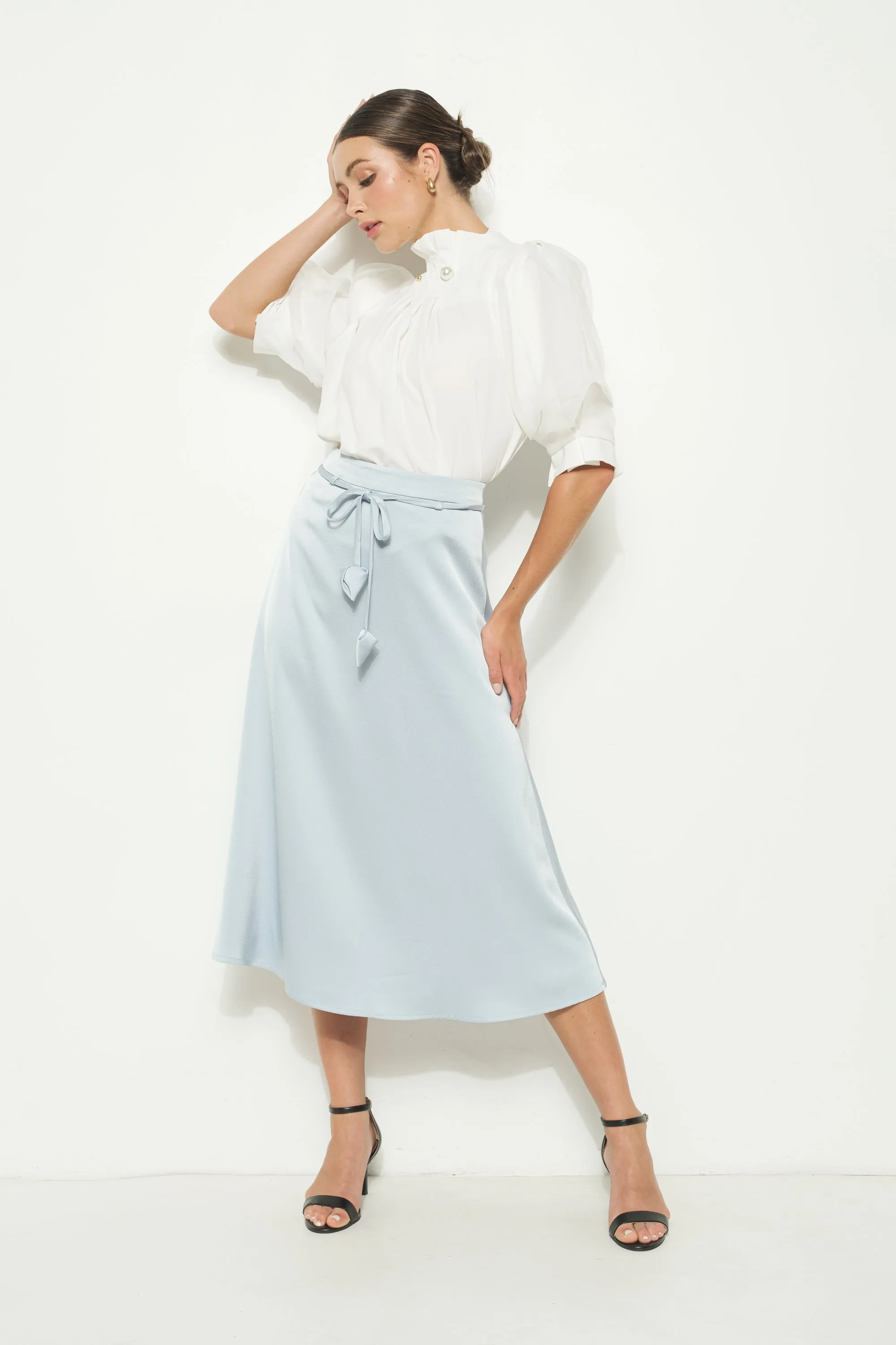 High Waist Satin Waist tie Flared Midi Skirt