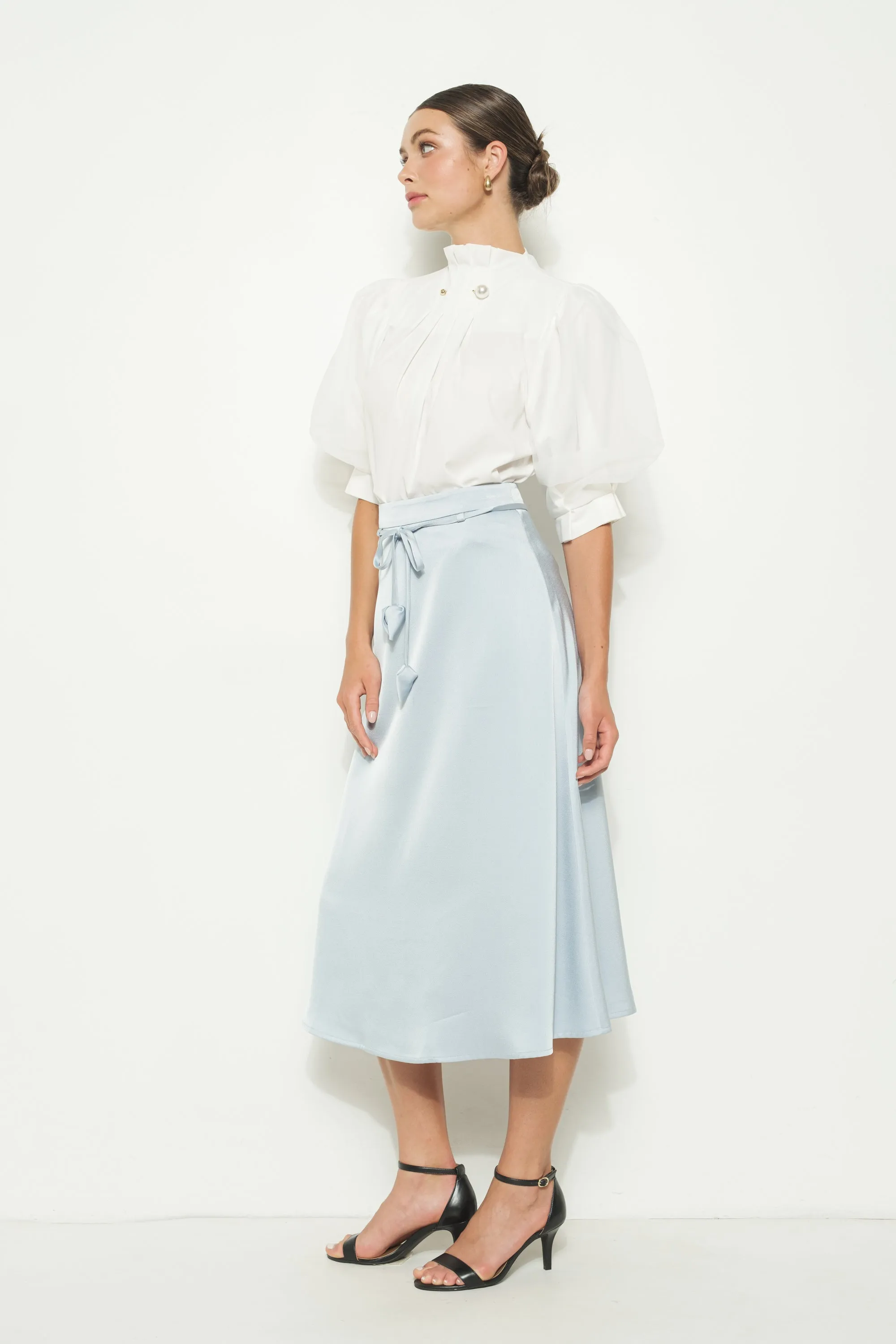 High Waist Satin Waist tie Flared Midi Skirt