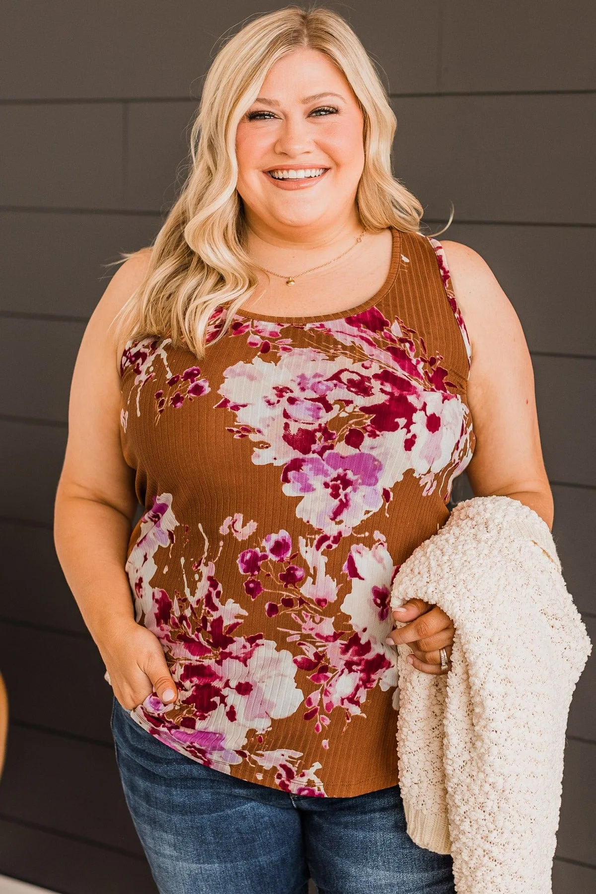 Inspire Me Floral Tank Top- Camel