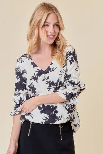Ivory Black Floral Smock Cuff Jacquard Blouse