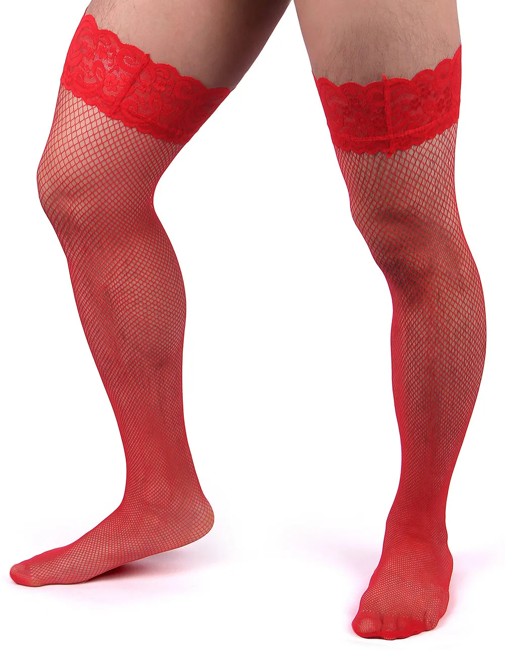 JCSTK - Unisex OY-MP242 Fishnet Lace Top Stockings, Strong for Our Males to Wear! Red