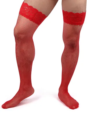 JCSTK - Unisex OY-MP242 Fishnet Lace Top Stockings, Strong for Our Males to Wear! Red
