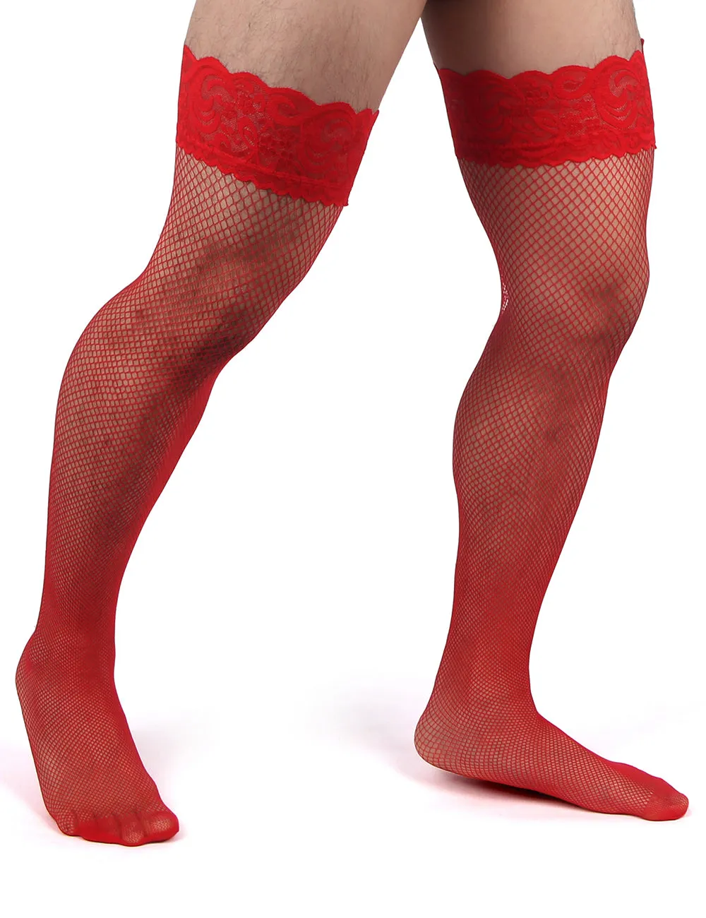 JCSTK - Unisex OY-MP242 Fishnet Lace Top Stockings, Strong for Our Males to Wear! Red