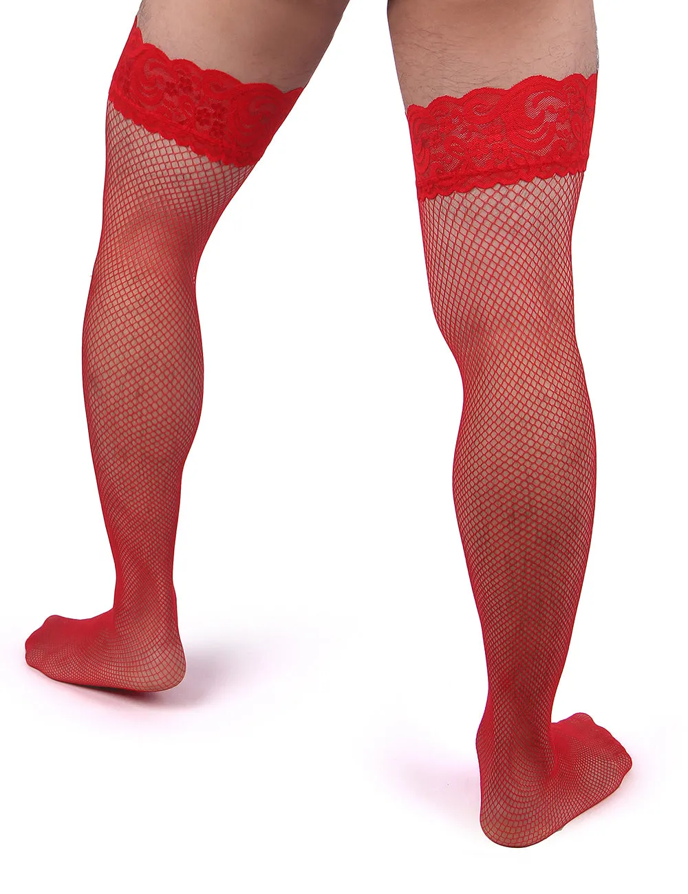 JCSTK - Unisex OY-MP242 Fishnet Lace Top Stockings, Strong for Our Males to Wear! Red