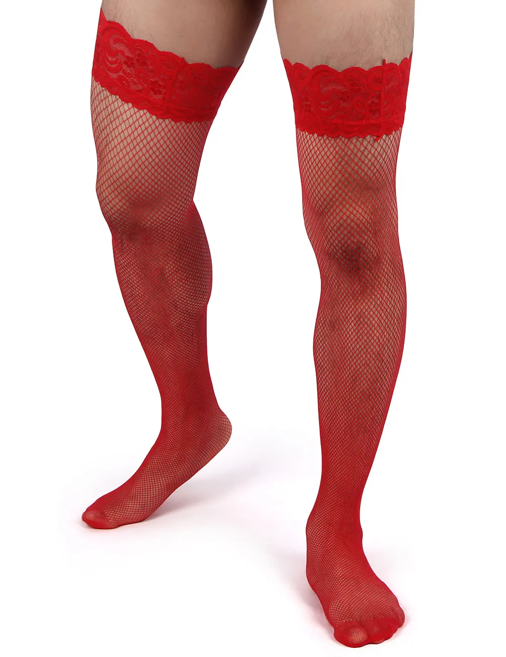 JCSTK - Unisex OY-MP242 Fishnet Lace Top Stockings, Strong for Our Males to Wear! Red