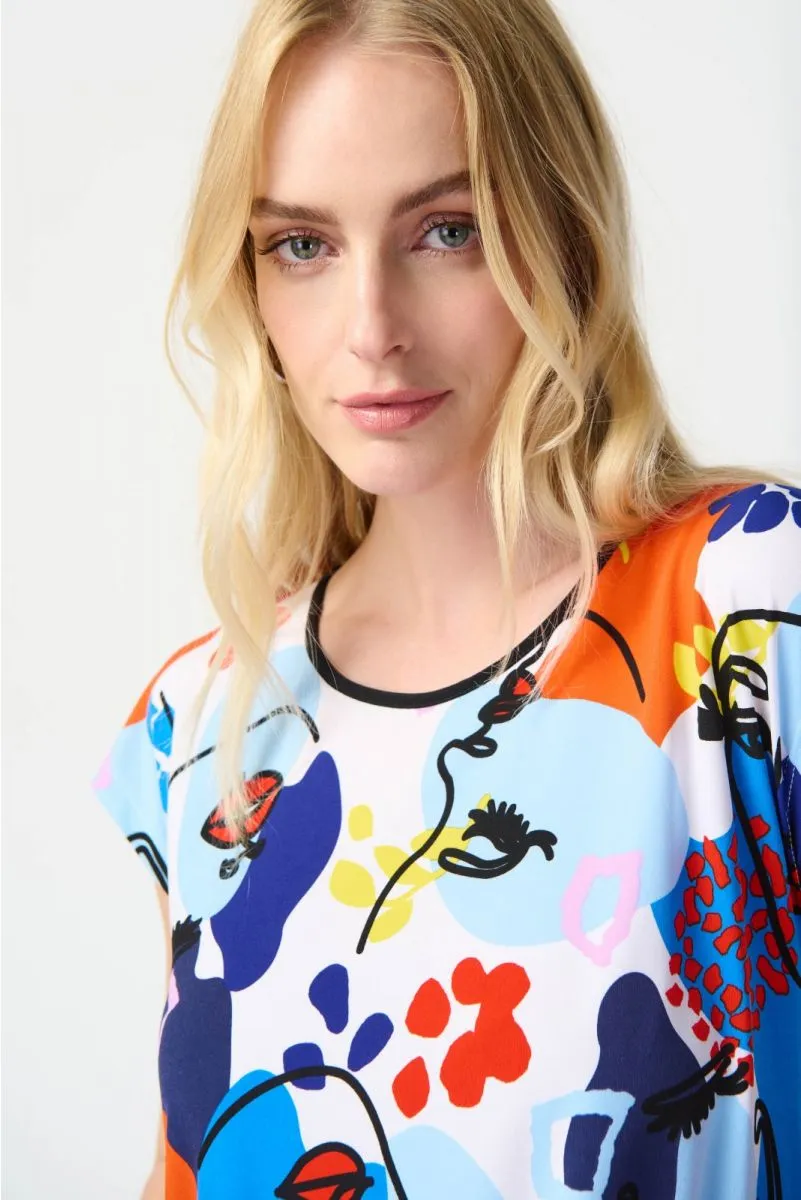 Joseph Ribkoff Vanilla/Multi Abstract Face Print Short Sleeve Hi-Low Top 241308
