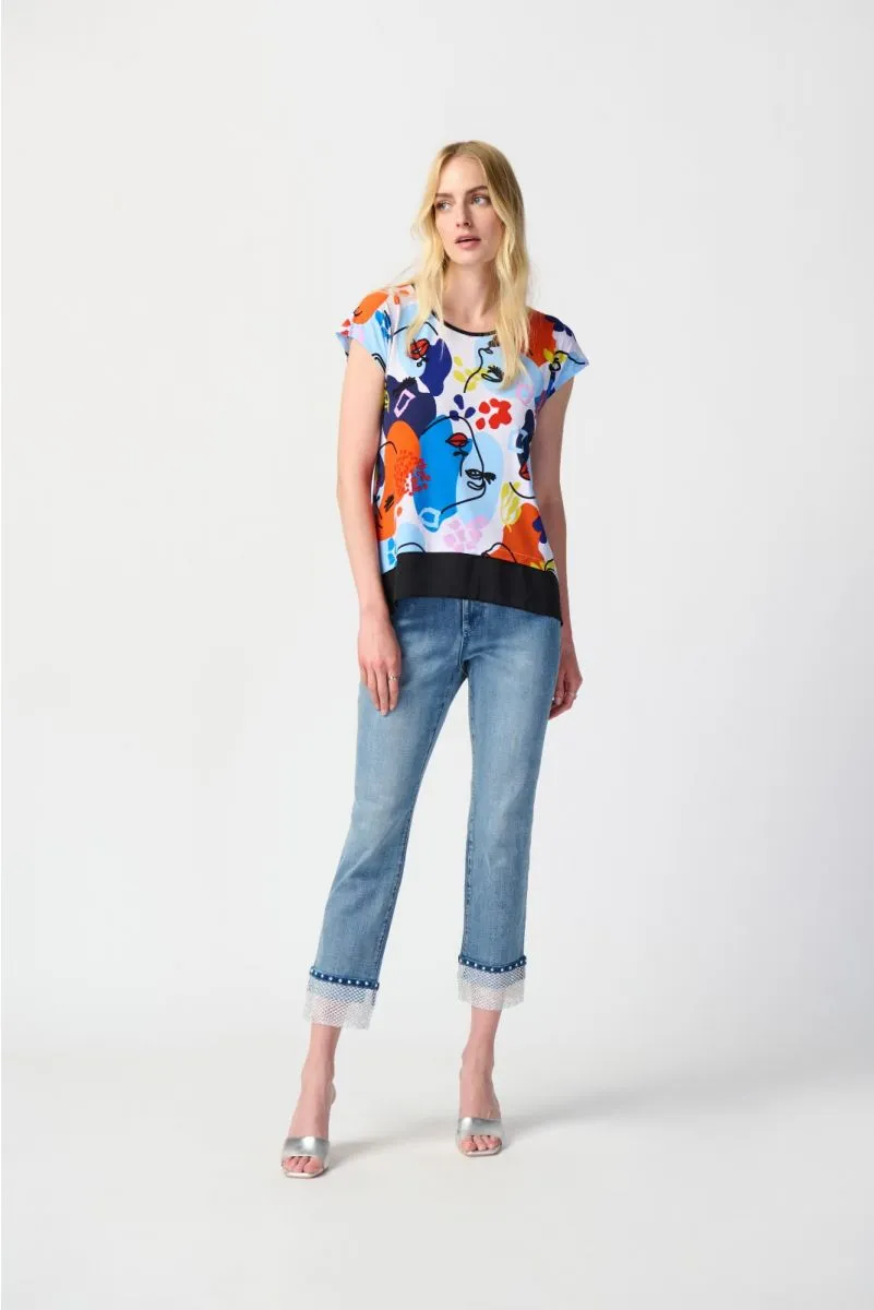 Joseph Ribkoff Vanilla/Multi Abstract Face Print Short Sleeve Hi-Low Top 241308