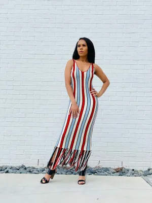 Kathleen Stripped Midi Dress w/ Tassels