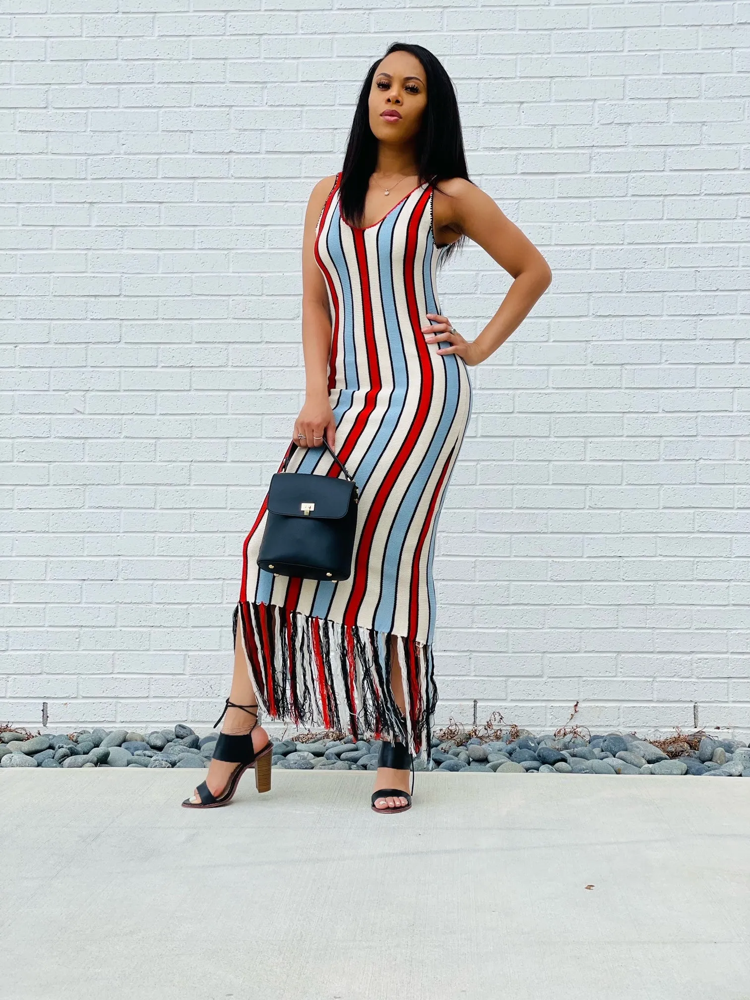 Kathleen Stripped Midi Dress w/ Tassels