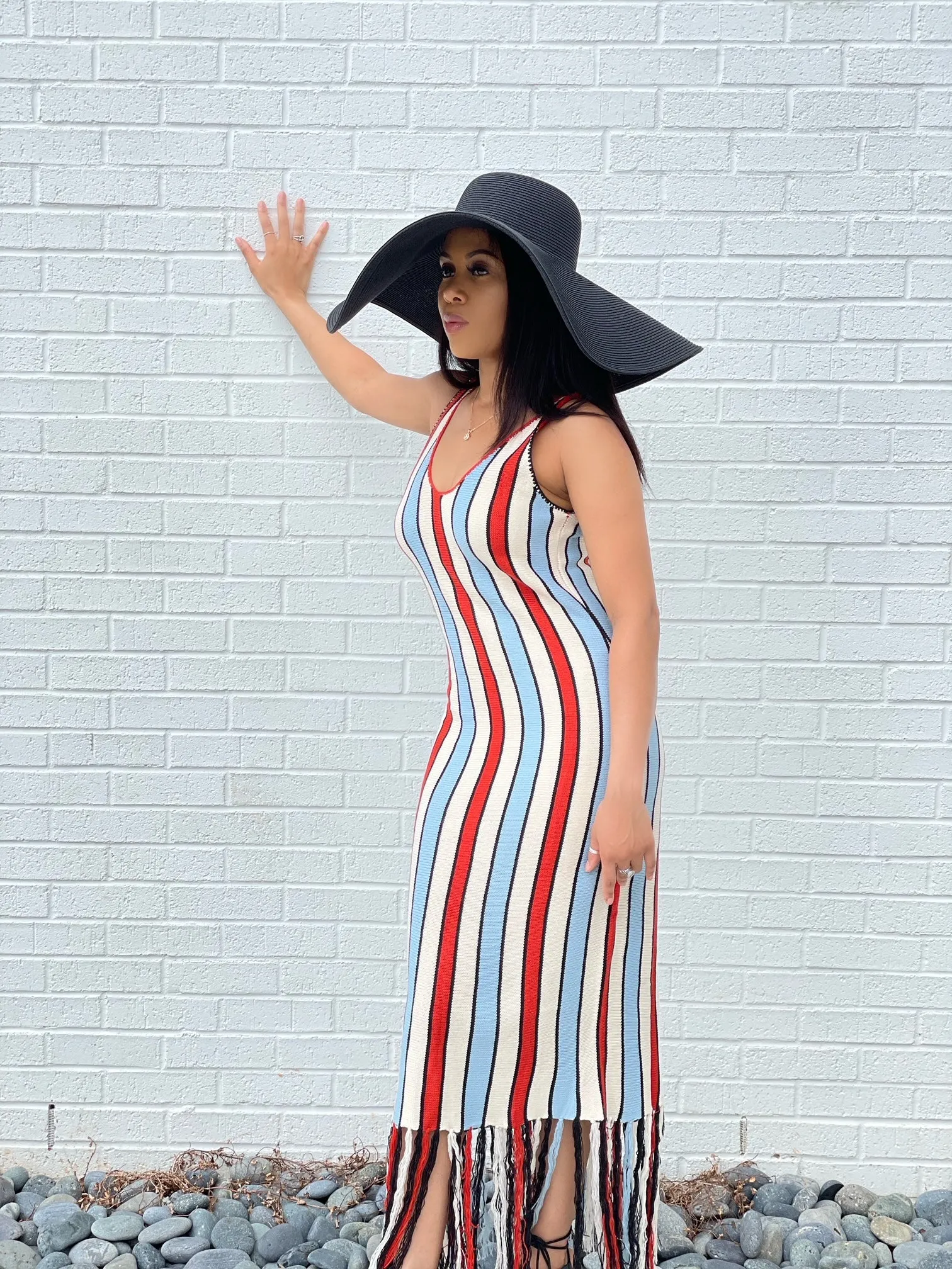 Kathleen Stripped Midi Dress w/ Tassels