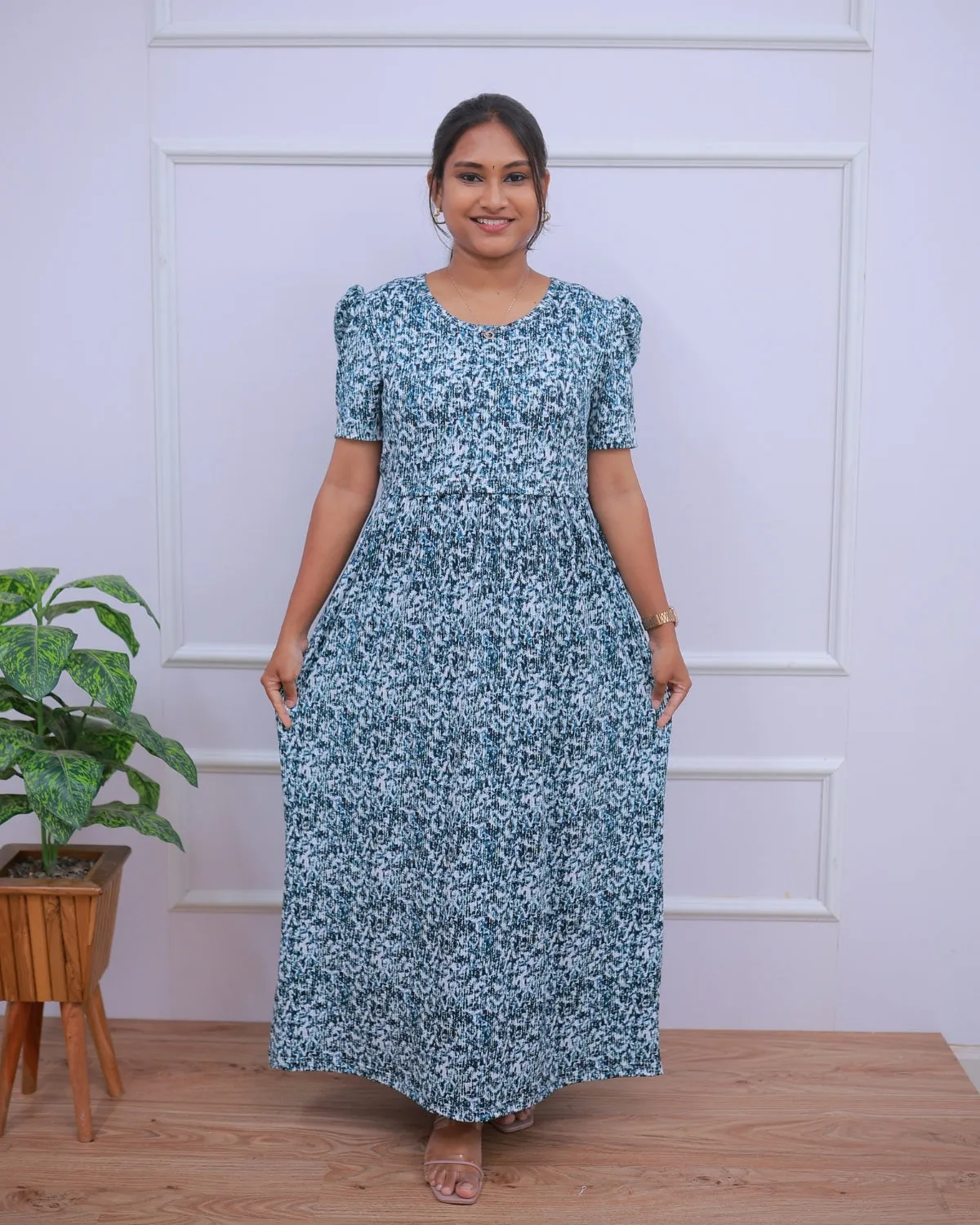 Kavya | Zipless Maternity Dress - Puff Sleeves | Full Length Maxi