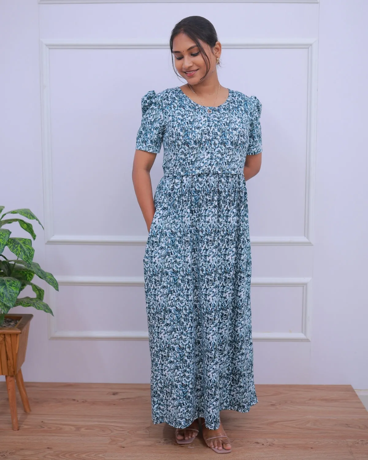 Kavya | Zipless Maternity Dress - Puff Sleeves | Full Length Maxi